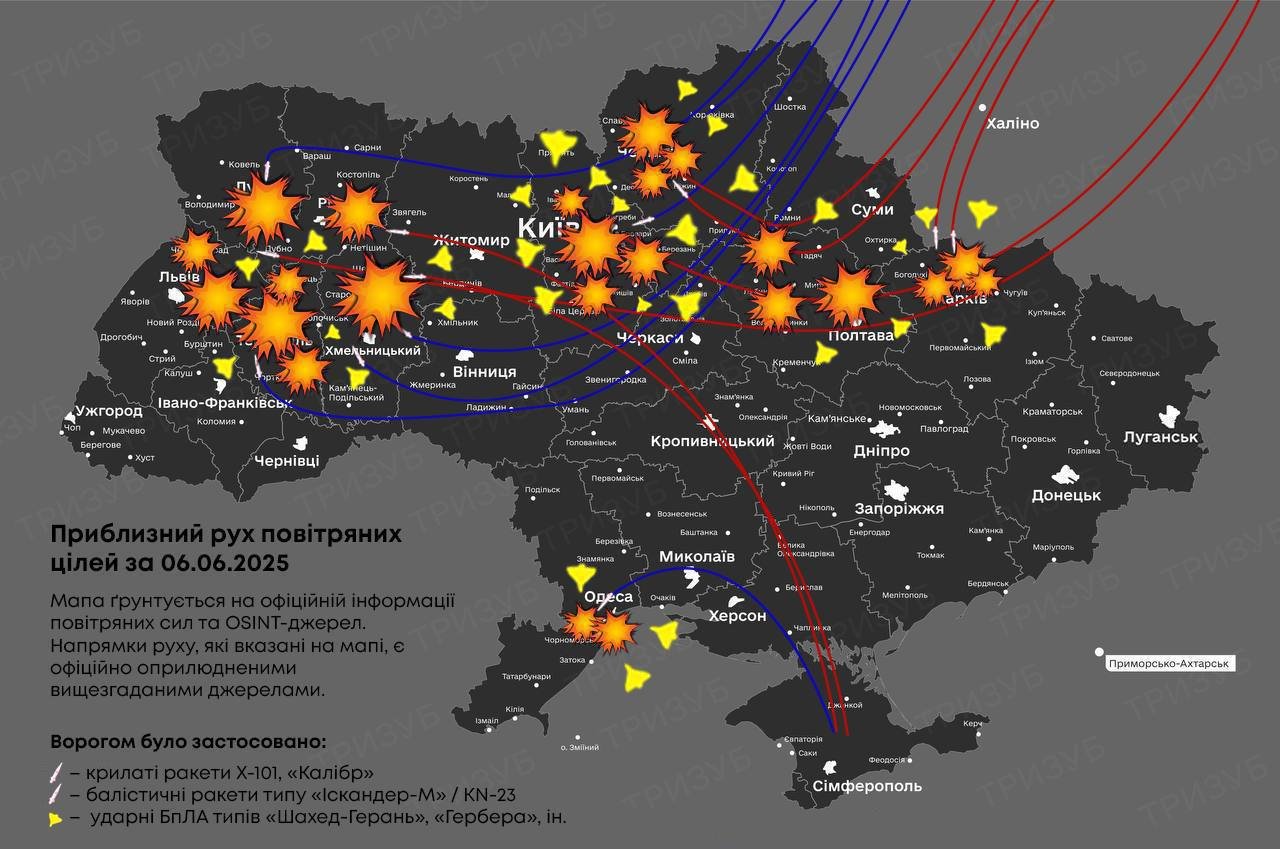 Карта траєкторії російських ракет і безпілотників під час атаки 6 червня, Повітряні Сили України