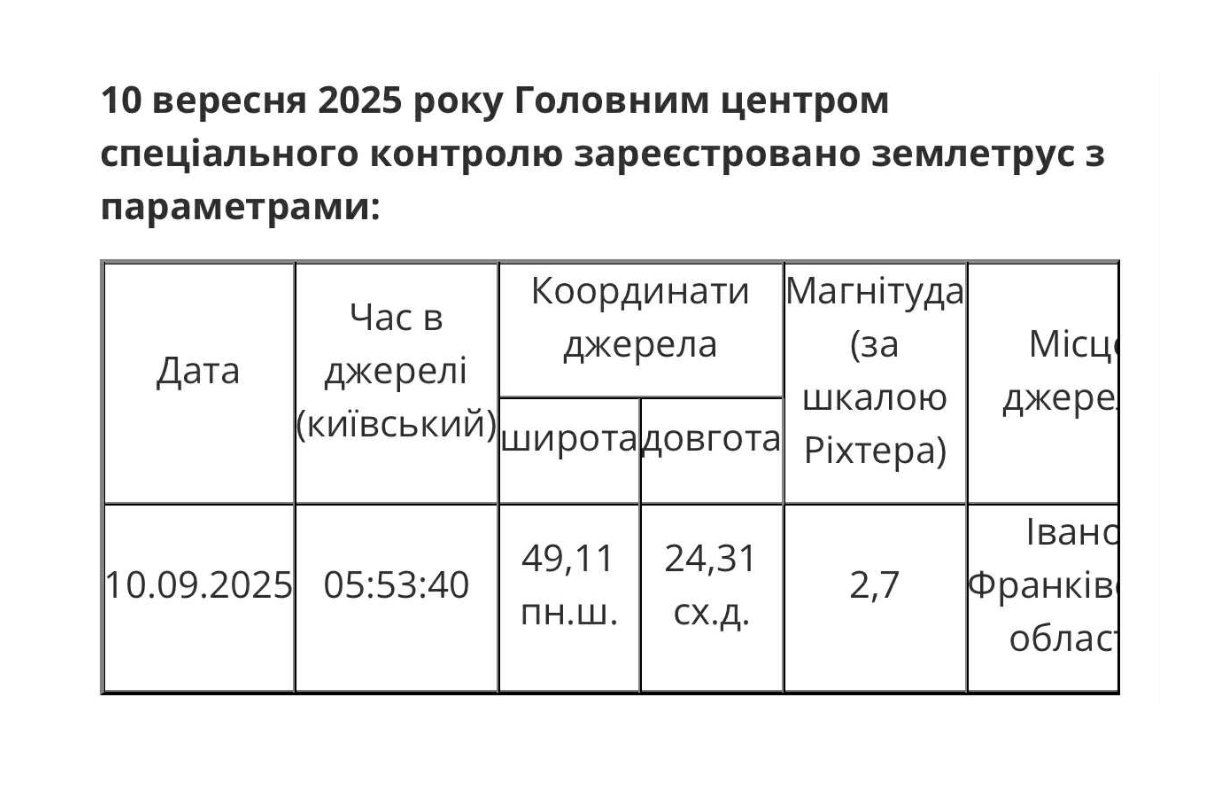 Землетрус поблизу Калуша 10 вересня 2025 року