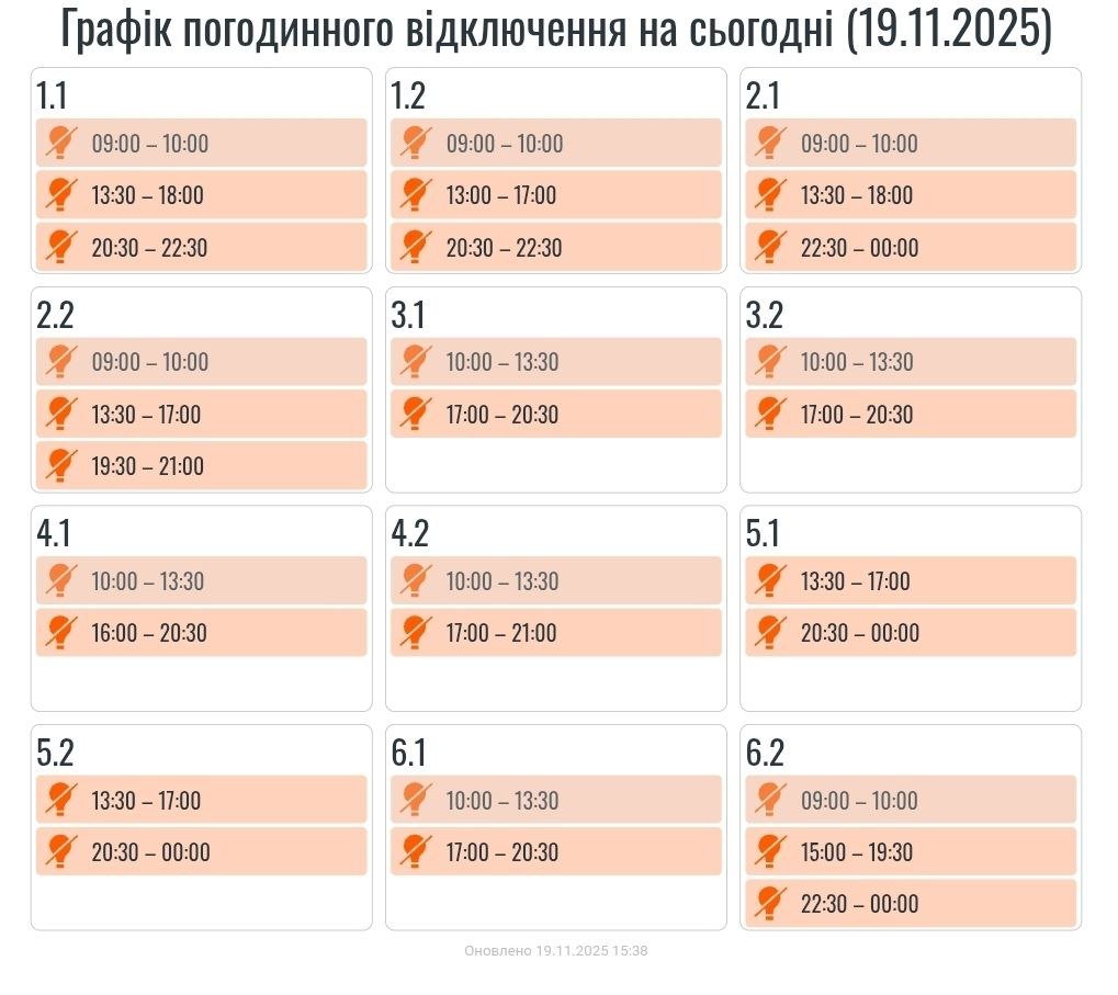 Графік знеструмлень на Прикарпатті 19 листопада 2025 року