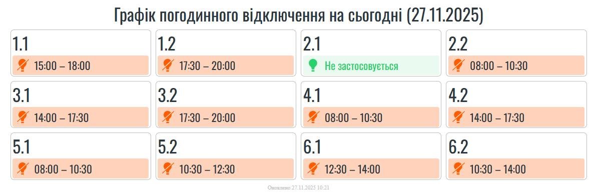 Графік відключення електроенергії 27 листопада на Прикарпатті